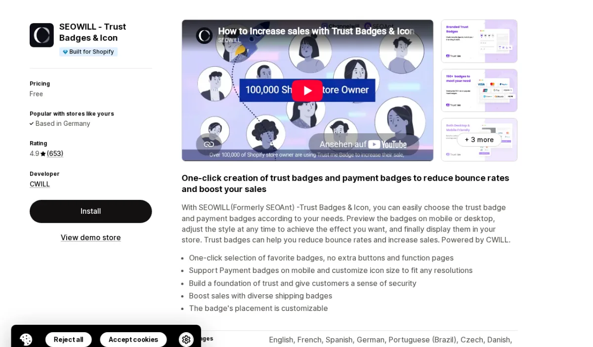 SEOWILL Trust Badges & Icon app listing on Shopify App Store showing the app name, Built for Shopify badge, 4.9-star rating, and badge customization interface