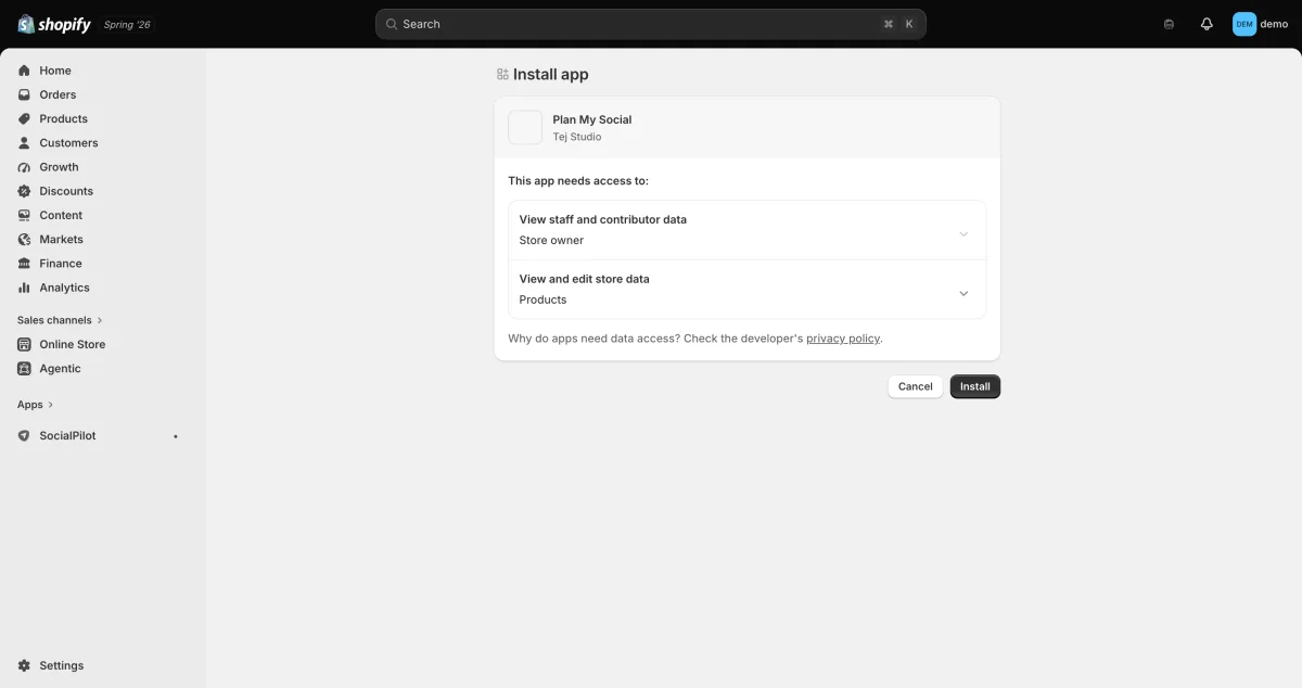 Plan My Social permission grant screen at the start of onboarding before the external platform loads