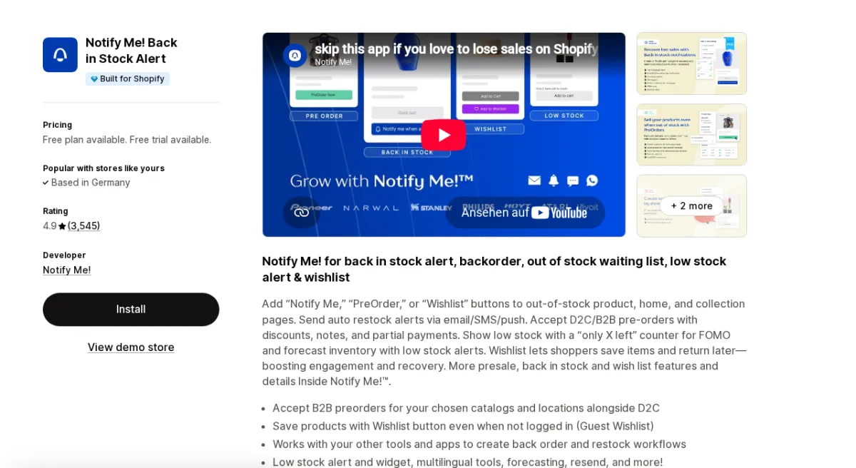 Notify Me Back in Stock Alert Shopify app listing
