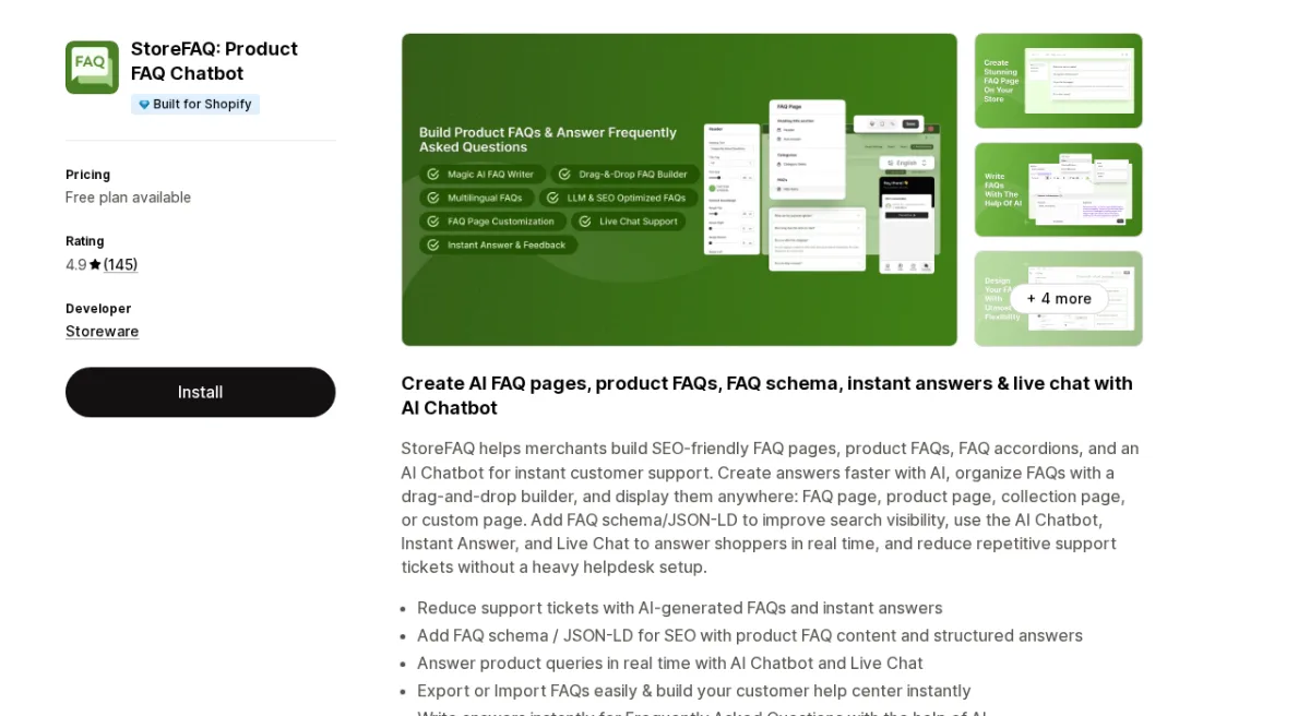 StoreFAQ: Product FAQ Chatbot app listing on Shopify App Store showing the app name, Built for Shopify badge, 4.9-star rating, and FAQ builder interface