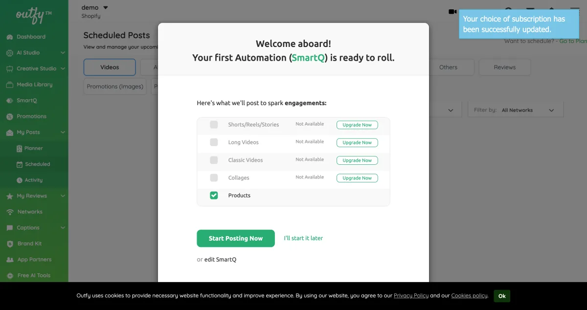 SmartQ welcome modal confirming all video content types are locked behind a paid plan upgrade on the Free tier