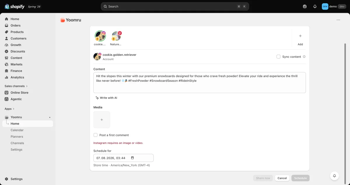 Yoomru AI caption generation panel with prompt input and generated caption result