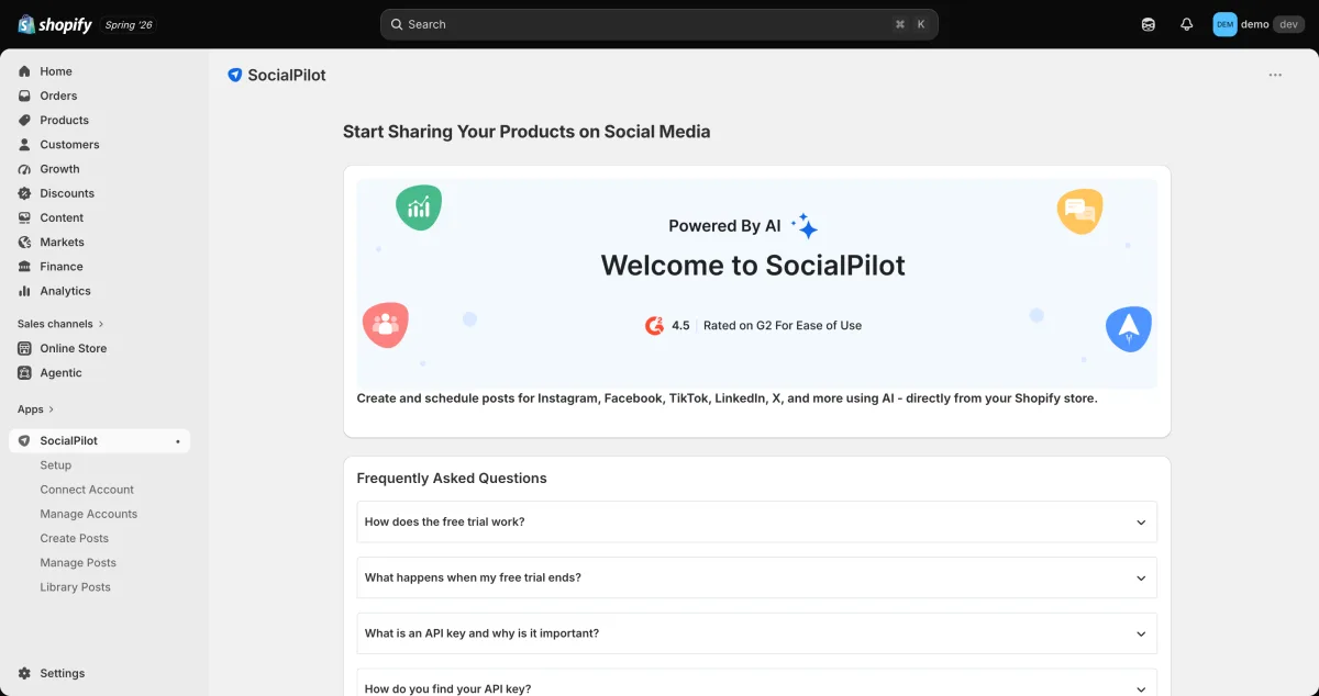 SocialPilot Shopify app setup screen showing the API key field required to connect an external SocialPilot account (archive: socialpilot-04-loaded.png)