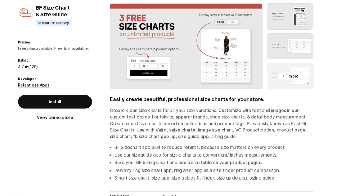 BF Size Chart and Size Guide Shopify App Store listing