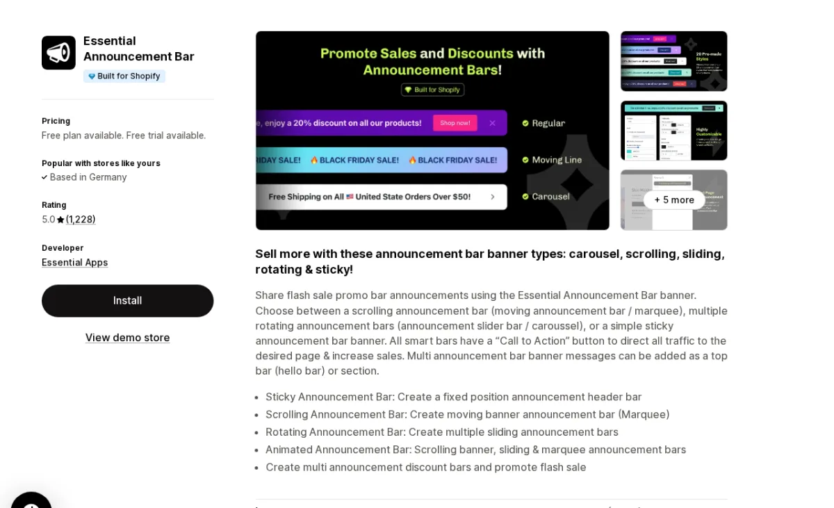 Essential Announcement Bar app listing on Shopify App Store showing the Built for Shopify badge, 5.0-star rating from 1,228 reviews, and preview of scrolling, rotating, and carousel bar styles