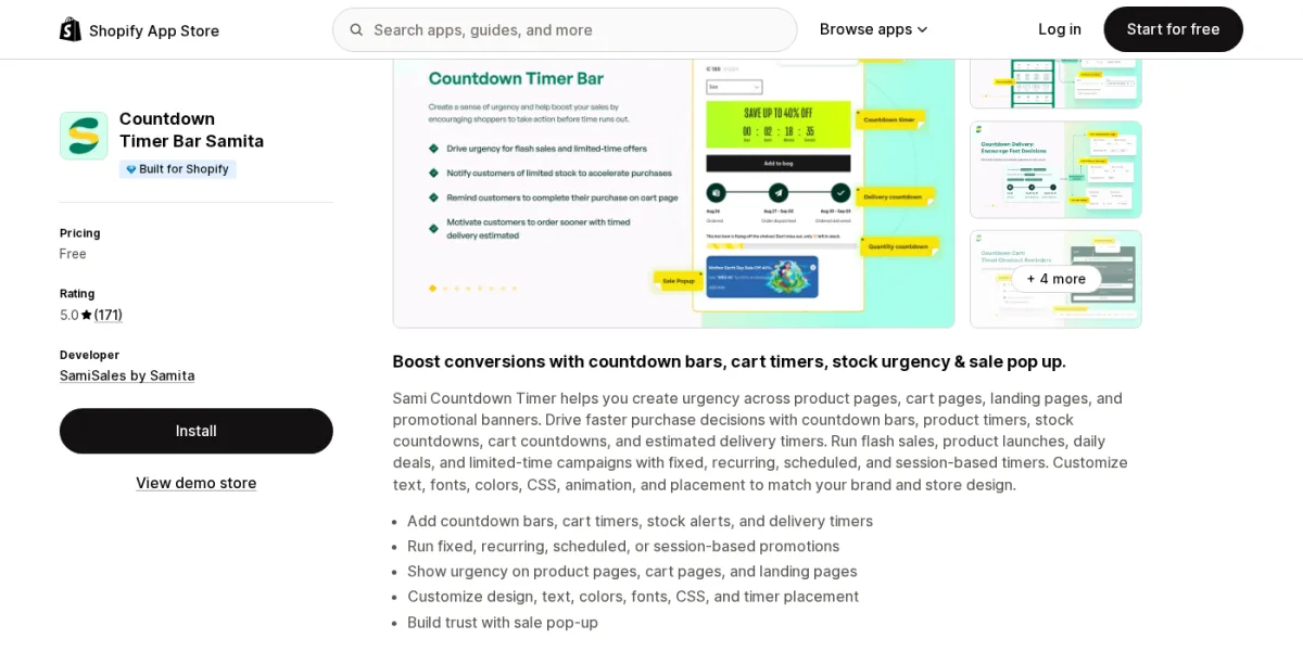Countdown Timer Bar Samita app listing on Shopify App Store showing the Built for Shopify badge, 5.0-star rating from 171 reviews, and preview of countdown bar, cart timer, stock alert, and delivery timer campaign types