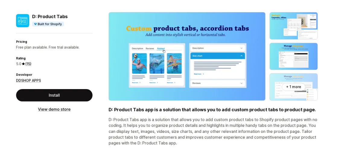 D Product Tabs Shopify App Store listing screenshot