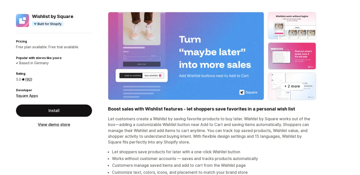 Wishlist by Square Shopify App Store listing screenshot