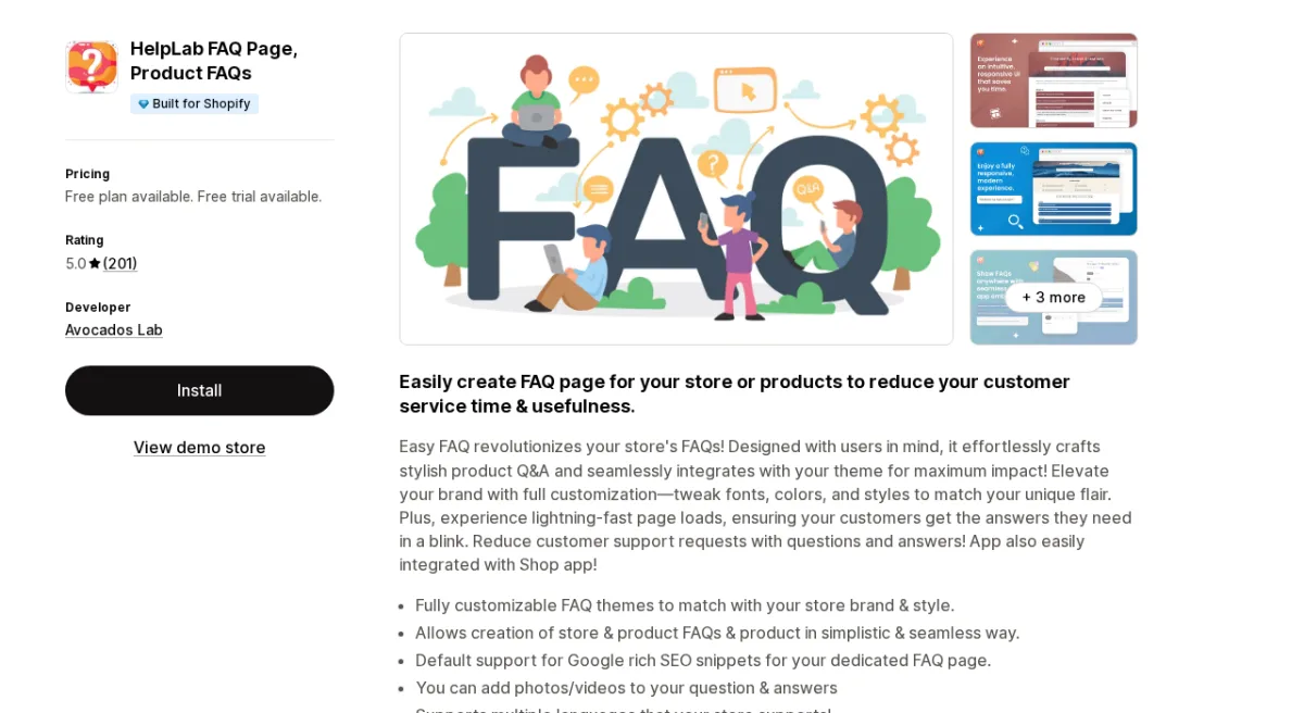 HelpLab FAQ Page, Product FAQs app listing on Shopify App Store showing the app name, Built for Shopify badge, 5.0-star rating, and FAQ builder interface