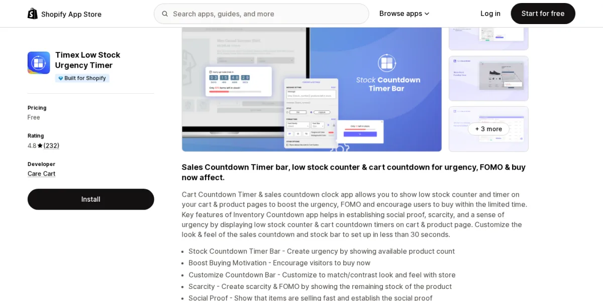 Timex Low Stock Urgency Timer app listing on Shopify App Store showing the Built for Shopify badge, 4.8-star rating from 232 reviews, and preview of stock countdown and cart timer configurations
