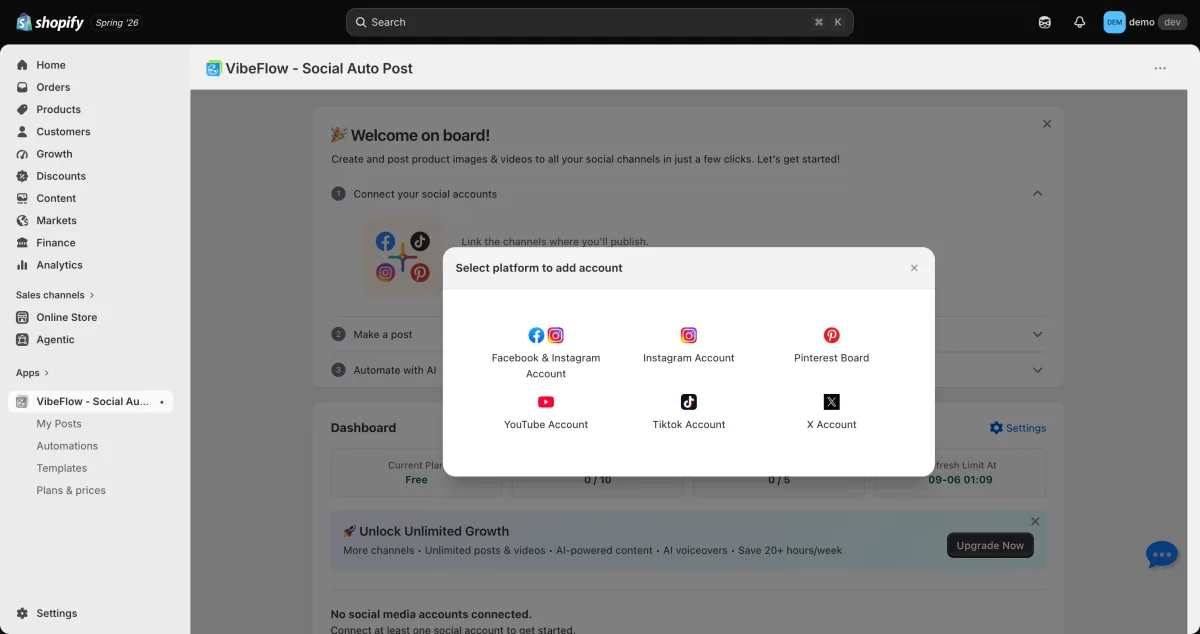 VibeFlow in-app channel connect screen showing the 6 available networks with LinkedIn absent from the options