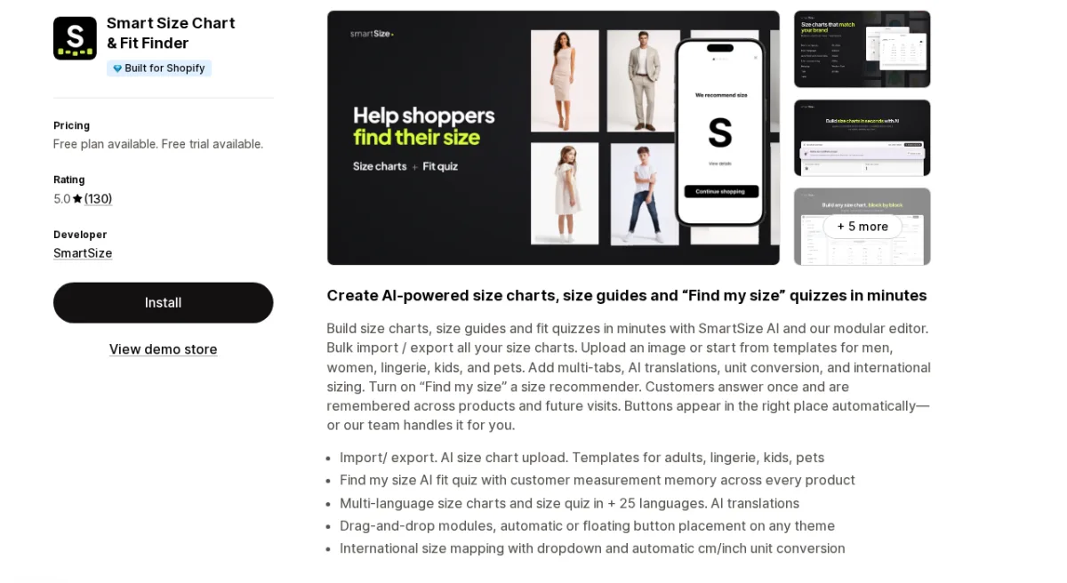 Smart Size Chart and Fit Finder Shopify App Store listing