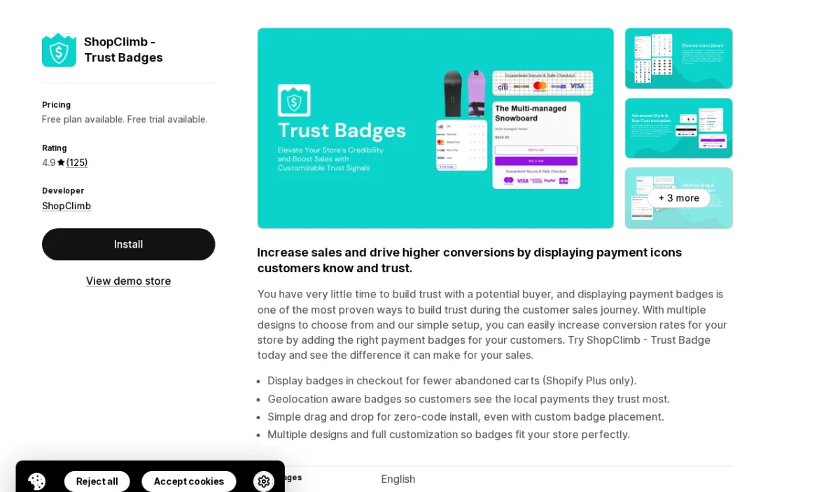 ShopClimb Trust Badges app listing on Shopify App Store showing the app name, Built for Shopify badge, 4.9-star rating, and drag-and-drop badge interface