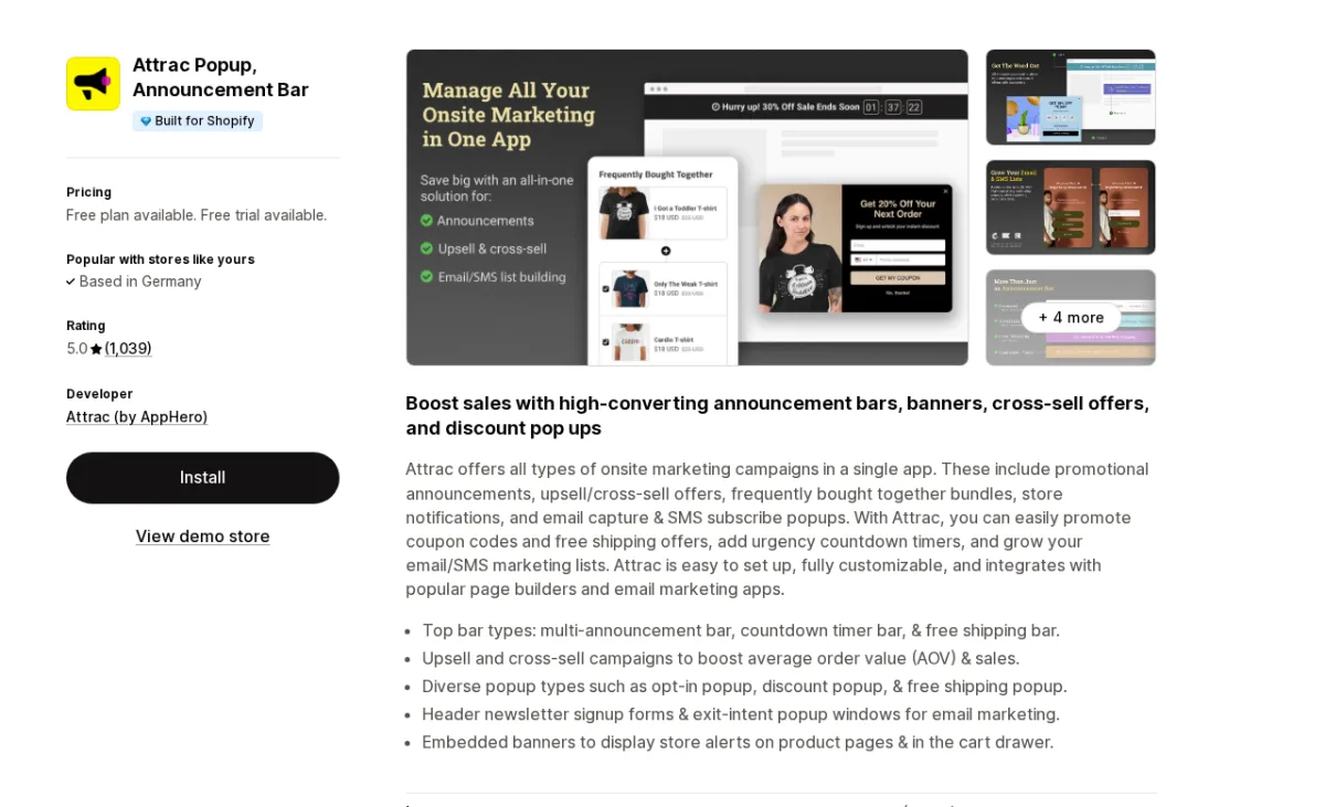 Attrac Popup Announcement Bar app listing on Shopify App Store showing the Built for Shopify badge, 5.0-star rating from 1,039 reviews, and examples of popup and bar campaign types