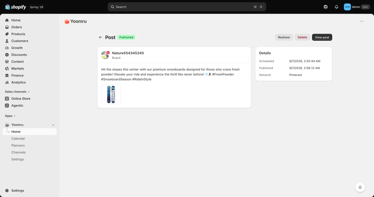 Yoomru post status view showing per-channel delivery status after publishing