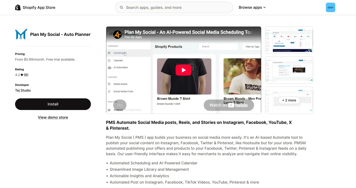 Plan My Social App Store listing showing the app by Tej Studio with pricing plans