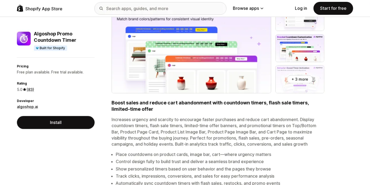 Algoshop Promo Countdown Timer app listing on Shopify App Store showing the Built for Shopify badge, 5.0-star rating from 83 reviews, and preview of countdown timer configurations with analytics panel