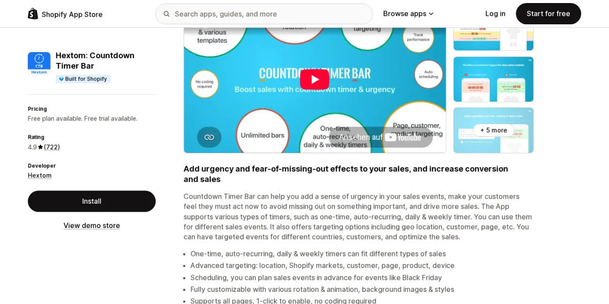 Hextom Countdown Timer Bar app listing on Shopify App Store showing the Built for Shopify badge, 4.9-star rating from 722 reviews, and examples of timer bar configurations for flash sales and recurring promotions