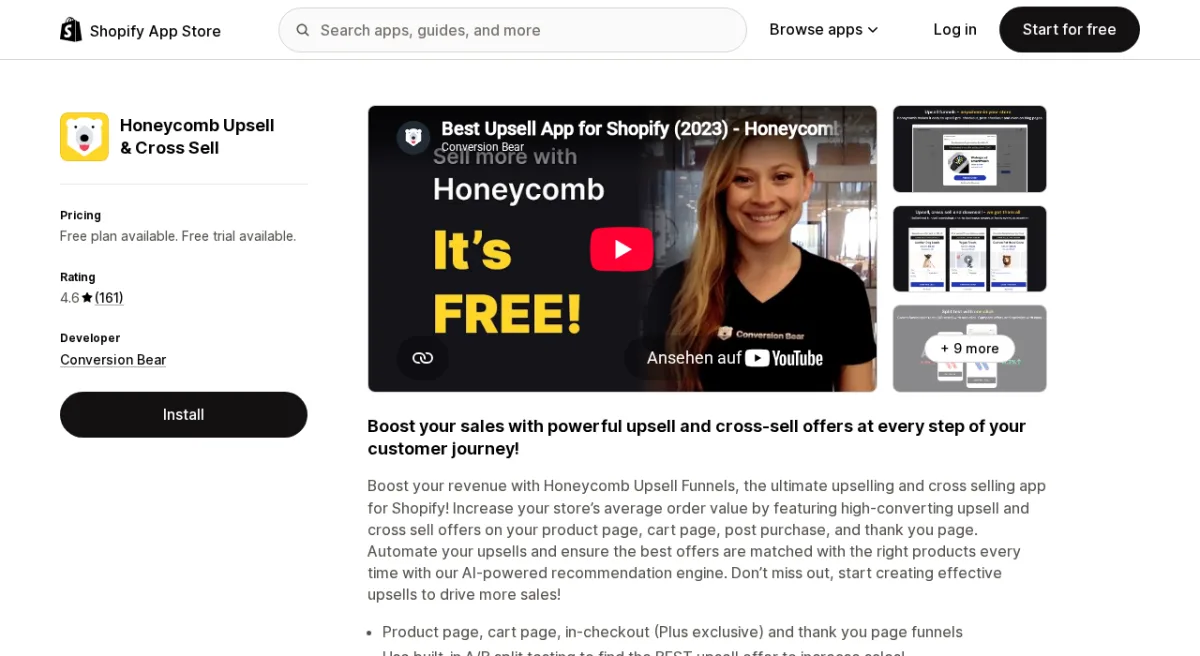 Honeycomb Upsell and Cross Sell on the Shopify App Store