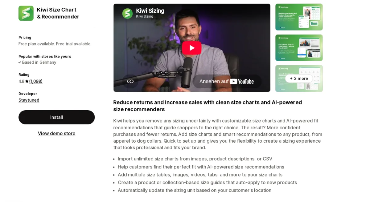 Kiwi Size Chart and Recommender Shopify App Store listing