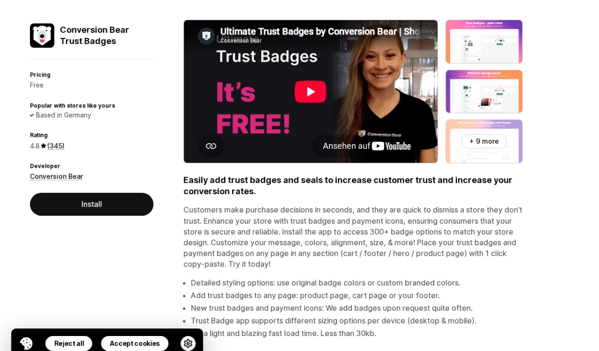 Trust Badges Bear app listing on Shopify App Store showing the app name, Built for Shopify badge, 4.9-star rating, and badge selection interface