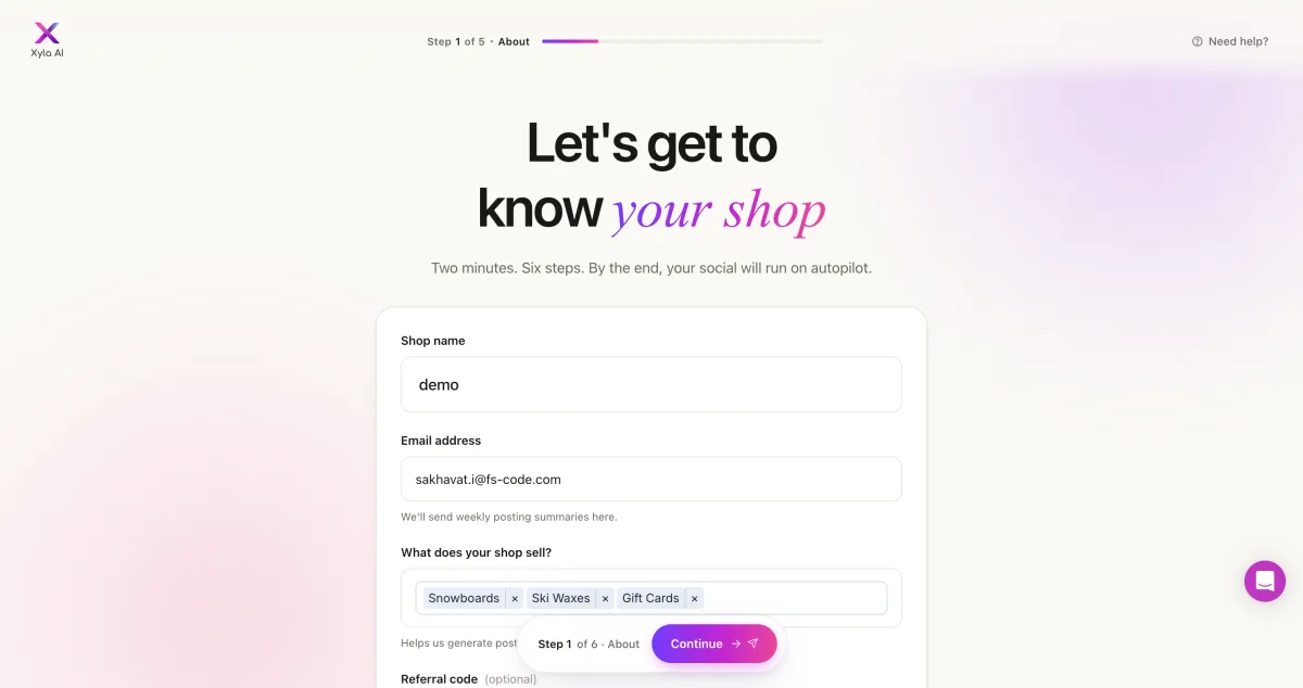 Xyla AI onboarding wizard step 1 showing product types pre-filled from the Shopify catalog via API, requiring no manual input