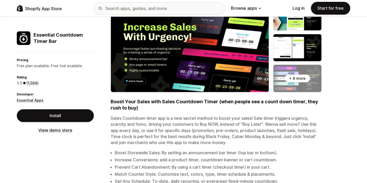 Essential Countdown Timer Bar app listing on Shopify App Store showing the Built for Shopify badge, 5.0-star rating from 1,594 reviews, and preview of countdown bar styles for product pages and carts
