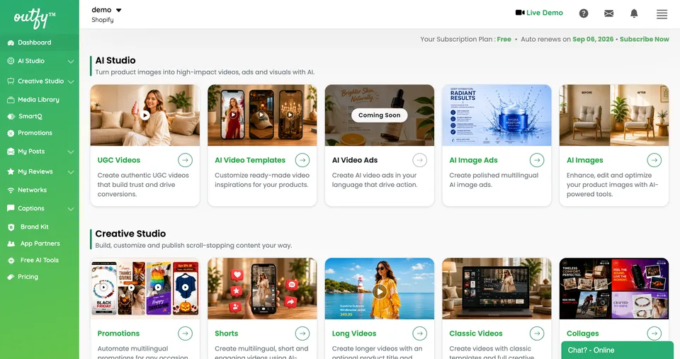 Outfy dashboard showing AI-generated product videos, SmartQ automation panel, and creative controls (archive: outfy-08-dashboard.png)