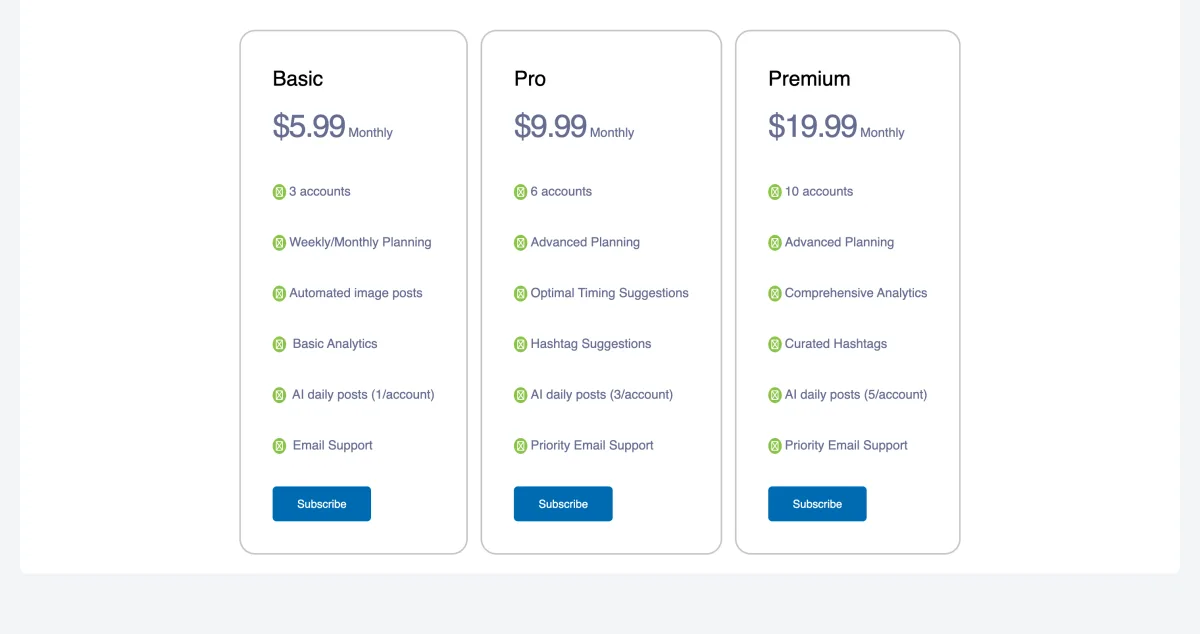 Plan My Social pricing plans page showing Basic, Pro, and Premium subscription options with annual savings