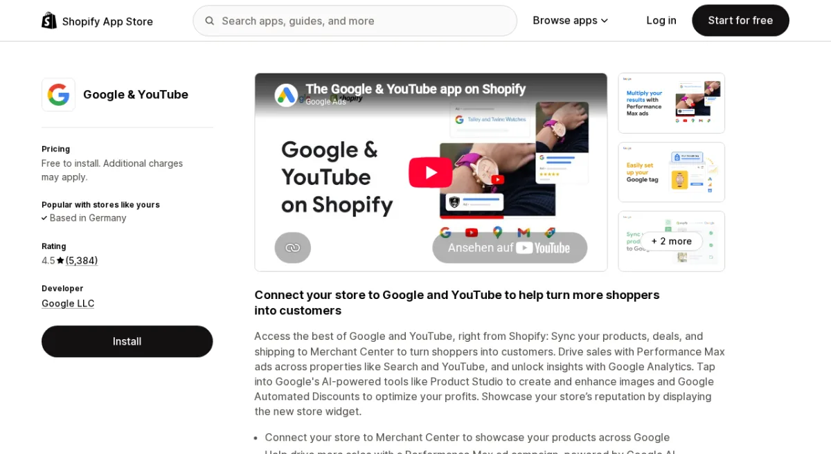 Google and YouTube app on the Shopify App Store