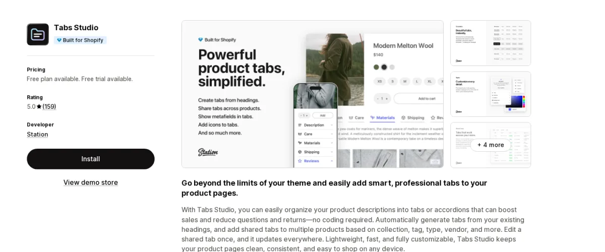 Tabs Studio Shopify App Store listing screenshot