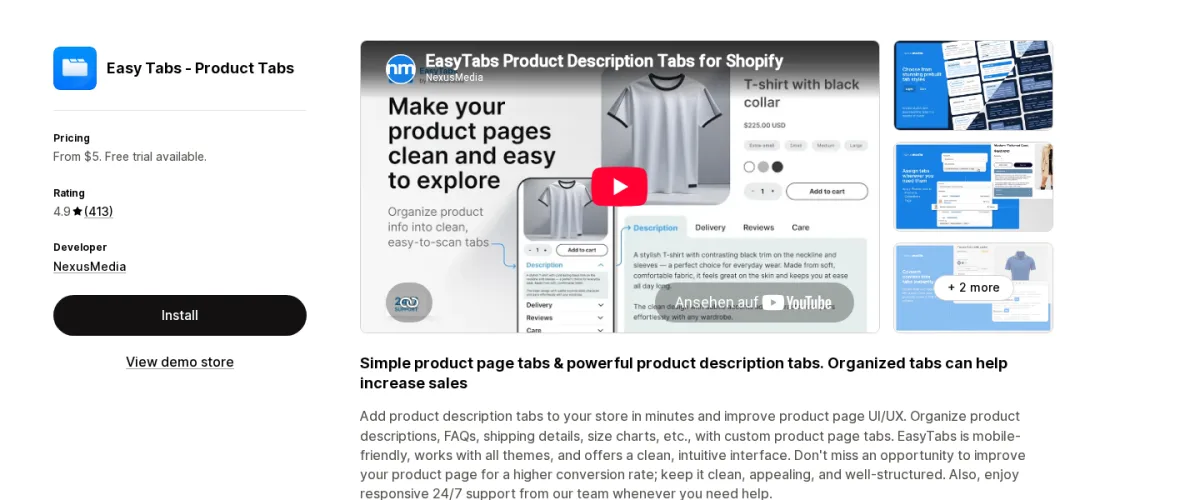 Easy Tabs Product Tabs Shopify App Store listing screenshot