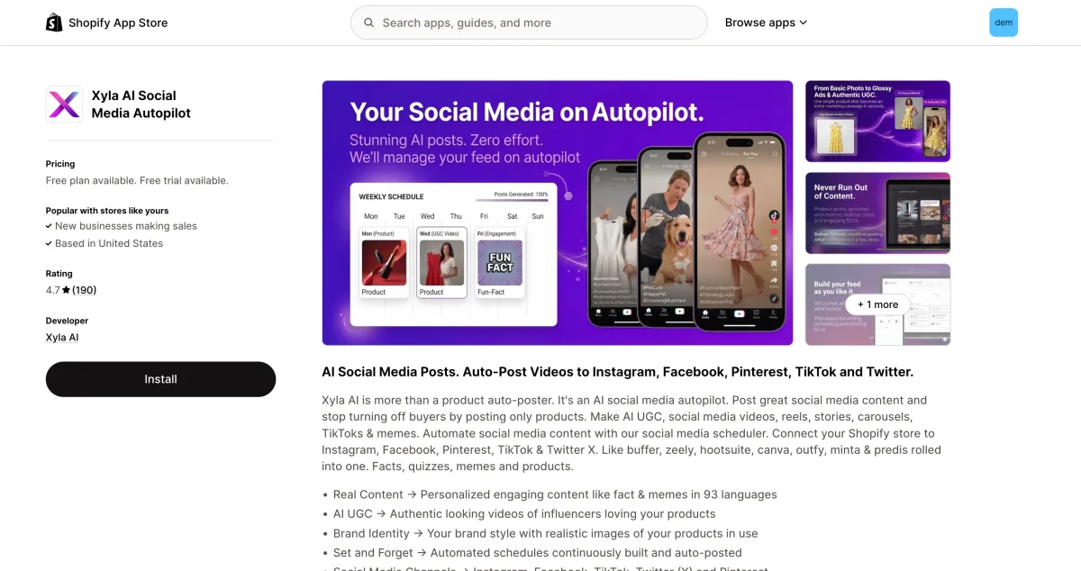Xyla AI Social Media Autopilot on the Shopify App Store