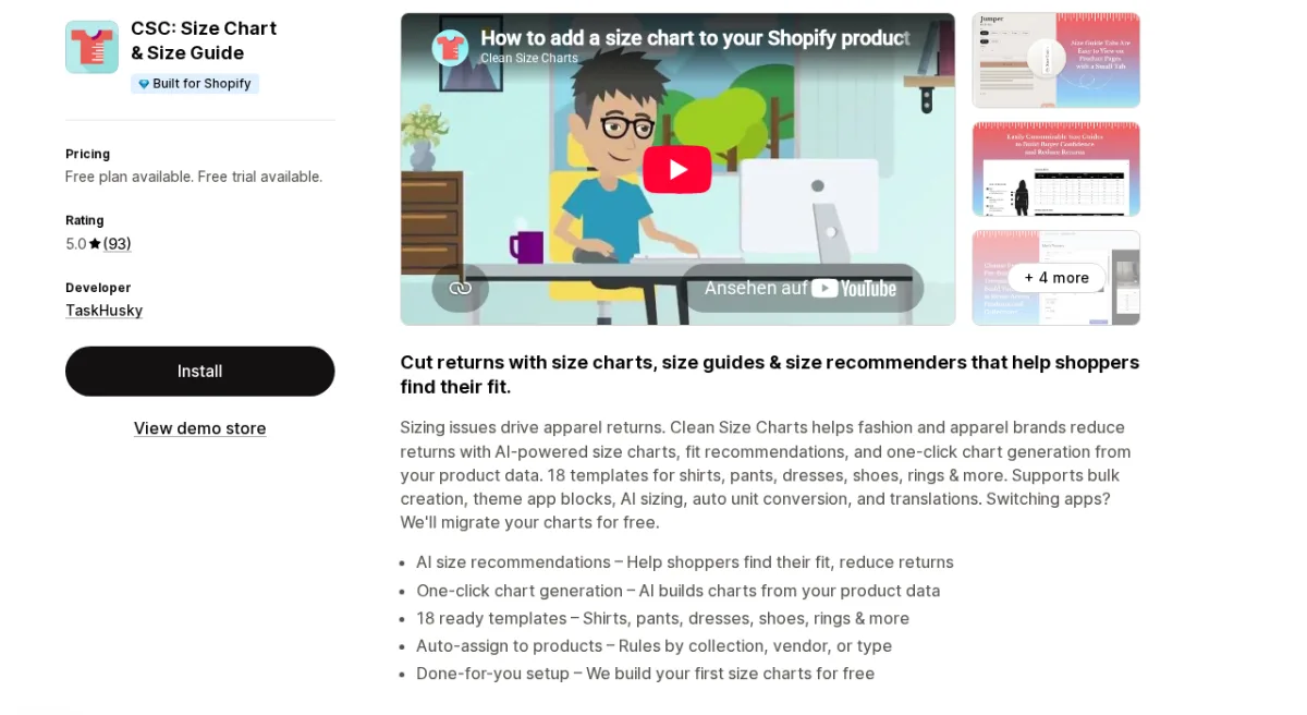 CSC Size Chart and Size Guide Shopify App Store listing
