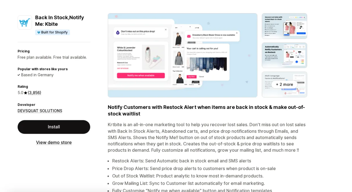 Kbite Back In Stock Notify Me Shopify app listing