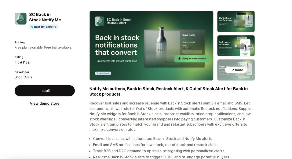 SC Back in Stock Notify Me Shopify app listing