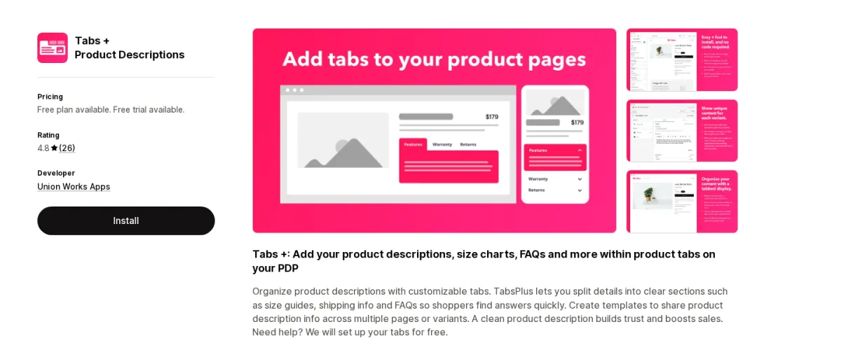 Tabs Plus Product Descriptions Shopify App Store listing screenshot