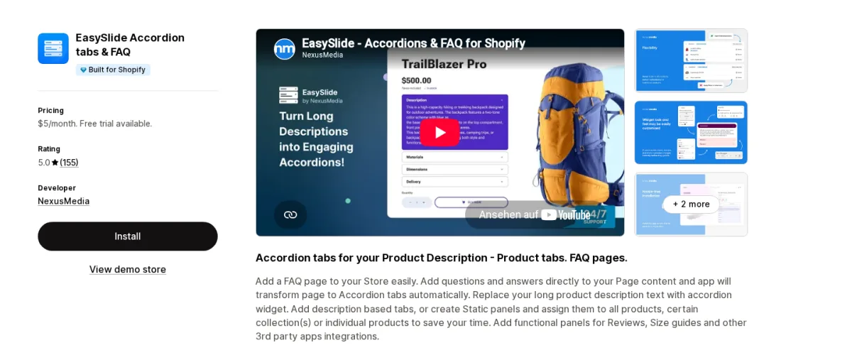 EasySlide Accordion tabs and FAQ Shopify App Store listing screenshot