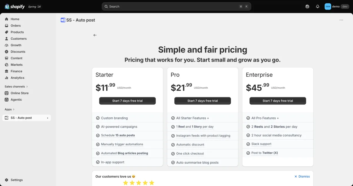 SS Social Media AI in-app Shopify Managed Pricing screen showing Starter, Pro, and Enterprise plan tiers