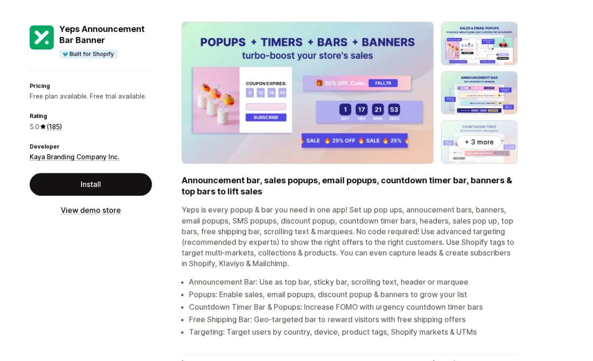 Yeps Announcement Bar app listing on Shopify App Store showing the Built for Shopify badge, 5.0-star rating from 185 reviews, and examples of announcement bar and email popup campaigns