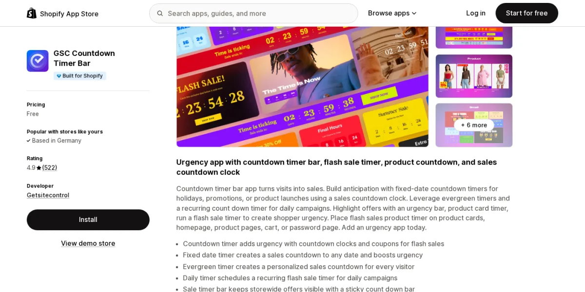 GSC Countdown Timer Bar app listing on Shopify App Store showing the Built for Shopify badge, 4.9-star rating from 522 reviews, and preview of countdown timer bar configurations including fixed-date and evergreen timer options
