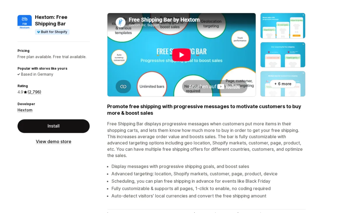 Hextom Free Shipping Bar app listing on Shopify App Store showing the Built for Shopify badge, 4.9-star rating from 2,796 reviews, and a preview of the progressive free shipping threshold message bar