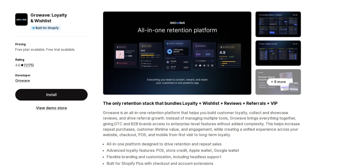 Growave Loyalty and Wishlist Shopify App Store listing screenshot