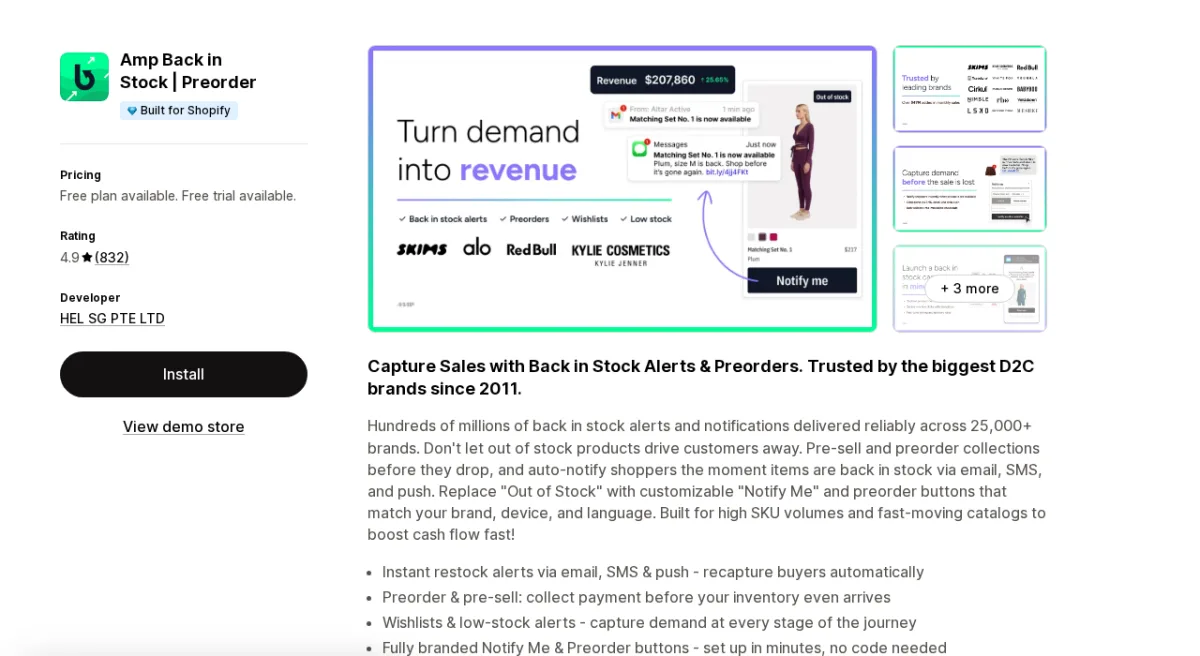Amp Back in Stock Preorder Shopify app listing