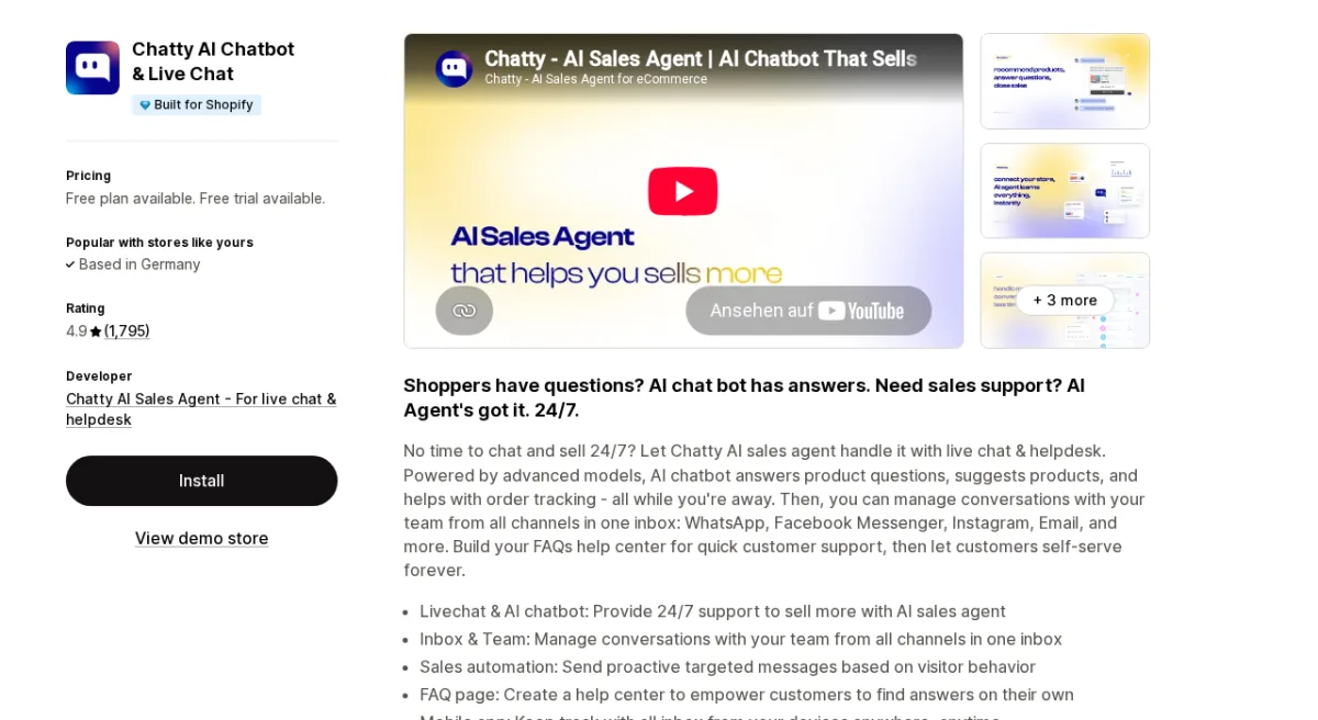 Chatty AI Chatbot & Live Chat app listing on Shopify App Store showing the app name, Built for Shopify badge, 4.9-star rating, and AI chatbot interface