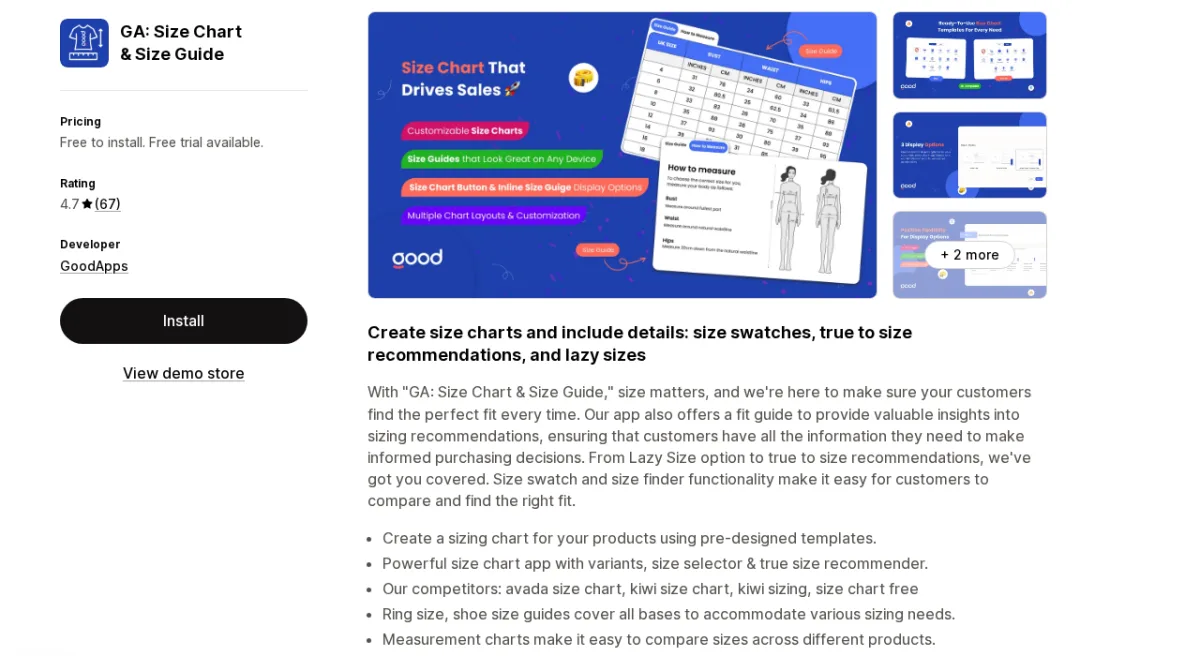 GA Size Chart and Size Guide Shopify App Store listing