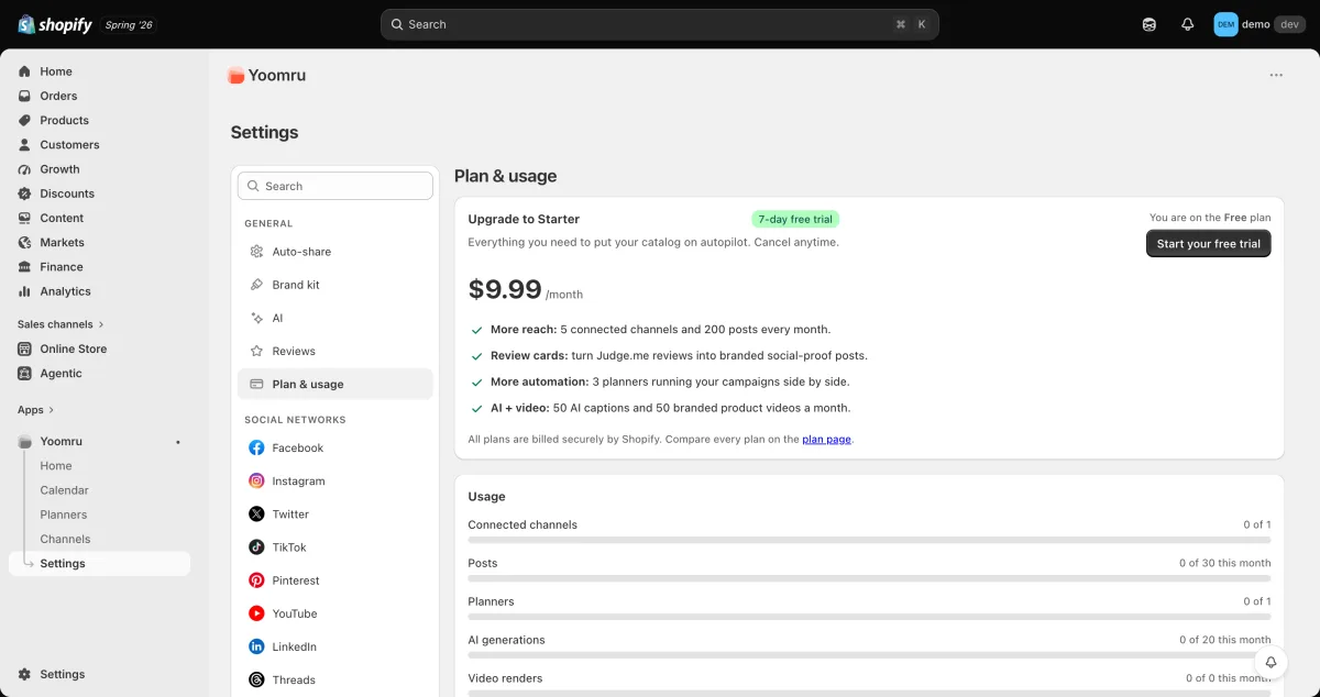 Yoomru pricing plans screen showing Free, Starter, Growth, and Pro tiers billed through Shopify