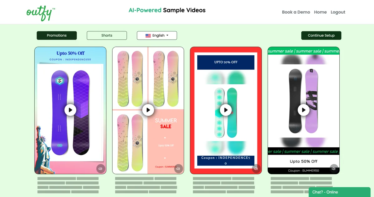 Outfy first open showing four sample promo videos automatically generated from the product catalog before any channel is connected