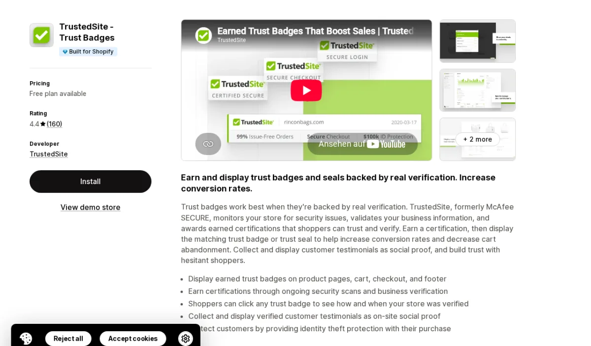 TrustedSite Trust Badges app listing on Shopify App Store showing the app name, Built for Shopify badge, 4.4-star rating, and TrustedSite certification interface