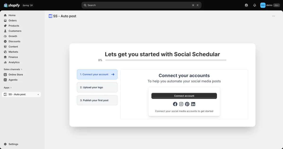 SS Social Media AI onboarding checklist showing 3-step setup with social channel connection options (archive: social-chic-03-app-first.png)